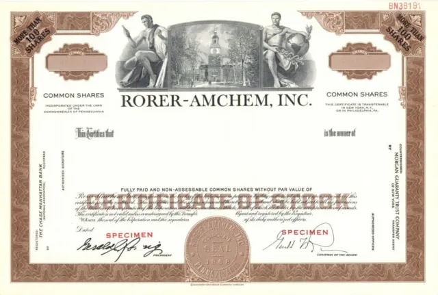 Rorer-Amchem, Inc. - 1988 dated Specimen Stock Certificate - Specimen Stocks & B