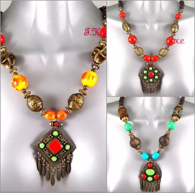 Ethnic Ossie Bright Tribal Retro Kuchi African Enamel Chunky Statement Necklace