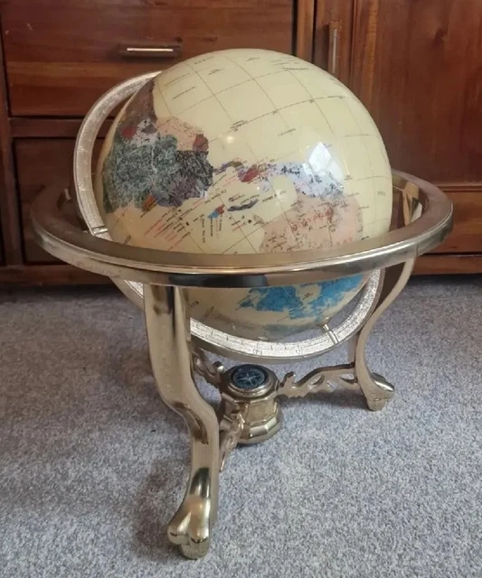 Mother Of Pearl Gemstone World Globe With Brass Stand And Compass
