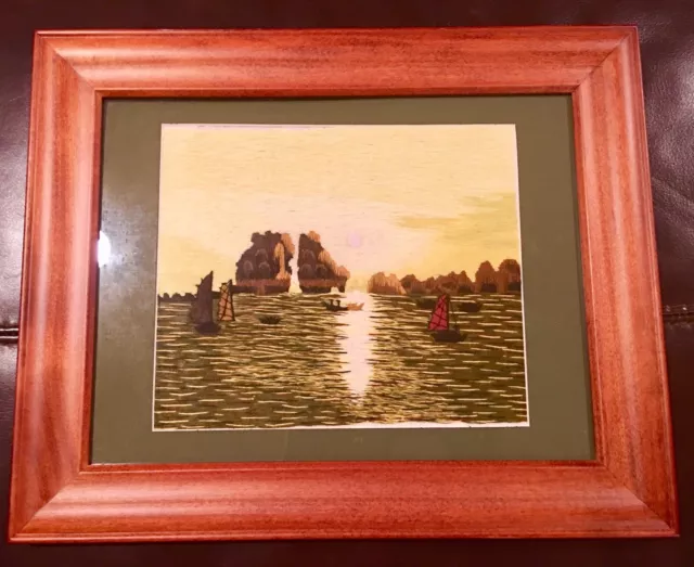 Beautiful Japanese Hand Embroidery Woven Silk Fishing Boats Art Framed w/Glass