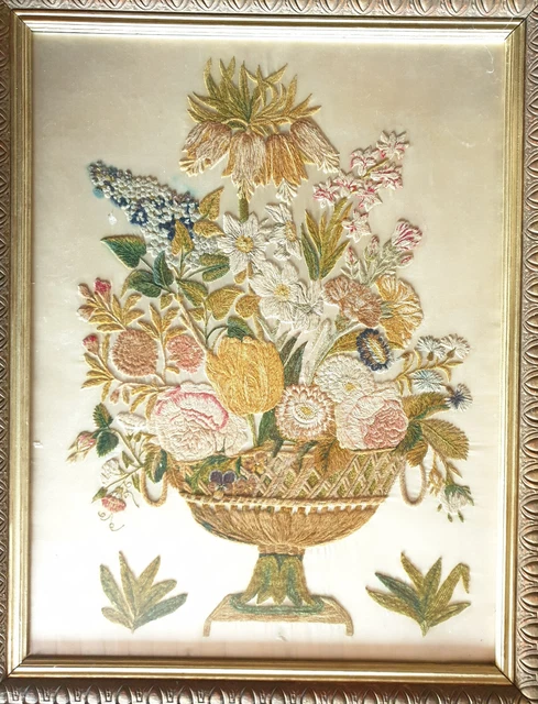 Broderie Punch Needle Vintage Fait Main – Roses Rouges Sur Lin, Art Textile Chenille, Décoratif Mural