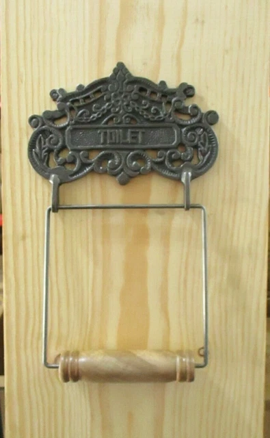 Toilet Paper Roll Holder Cast Iron Bathroom Wall Fixture Metal & Wood Farmhouse