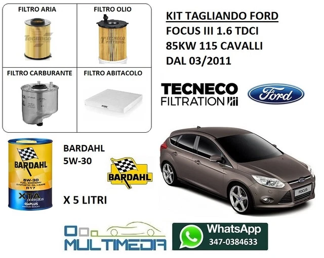 Kit Tagliando Per Ford Ecosport 1.5 TDCI 95 CV (2016) - 4 Litri Olio 5W30 C3 + 3 Filtri (Aria, Olio, Abitacolo)