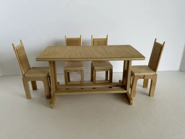 Vintage Dollhouse Miniatures Wooden Furniture Dining Room Set Table & 4 Chairs