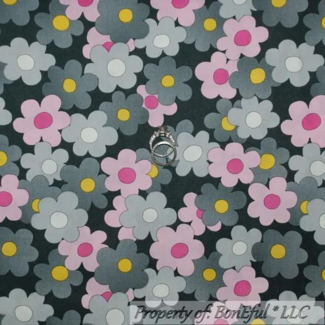 BonEful Fabric FQ Cotton Quilt Gray White Pink Yellow Flower Polka Dot Garden US