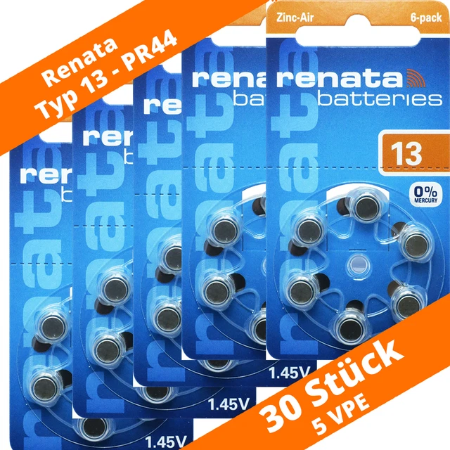 30 pilas de audífonos Renata tipo 13 PR48 naranja 5x 6 blíster 1,45V zinc aire