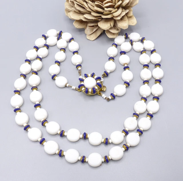 Collier Ancien Perles Pâte De Verre - 2 Rangs En Chute - Couleur Beige/vert - Occasion Bel état