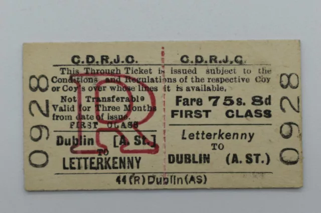 Irish - CDRJC Railway Ticket 0928 Letterkenny to Dublin (A. ST) 1st class