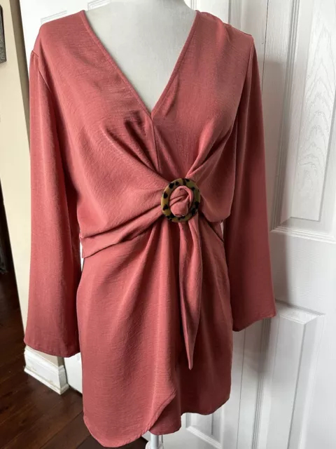 TopShop Mini Wrap Dress Horn Ring Dusty Rose Pink Womens Size 8 Chic NWT