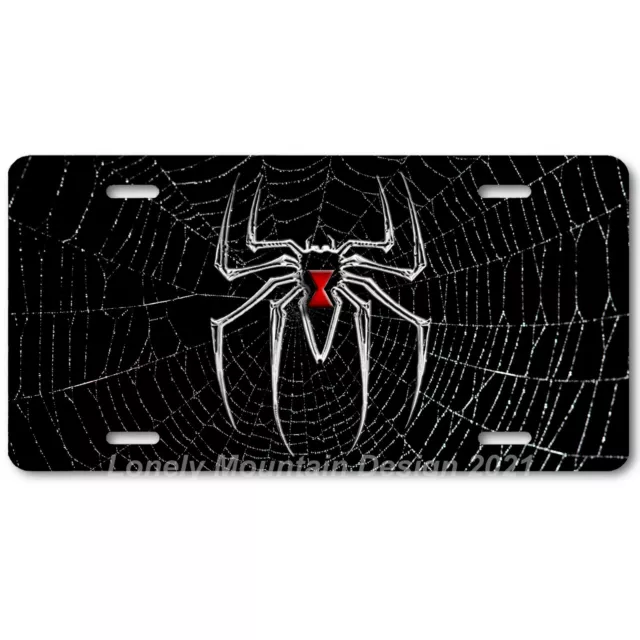 Bony Black Widow Spider Art on Spider Web FLAT Aluminum Novelty License Plate