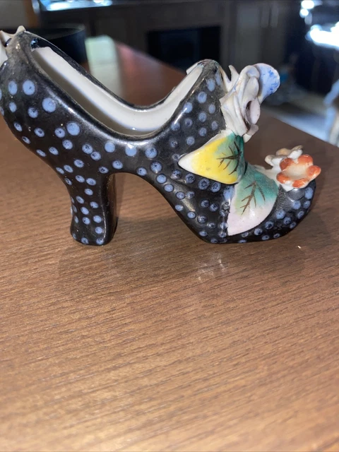 Vintage Porcelain Hand Painted Shoe. Black with Floral Accents Japan Perfect!
