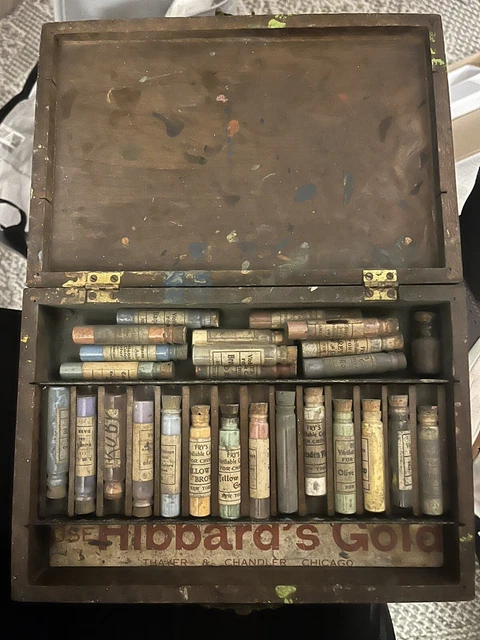 ANTIQUE ARTISTS Wood SUPPLY BOX FRY MIXES CORKED BOTTLES & Hibbards Gold Ad