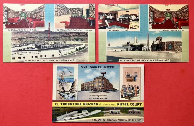 ROUTE 66~KINGMAN,AZ~EL TROVATORE & SAL SAGEV ~ 3 different linen postcards~1930s