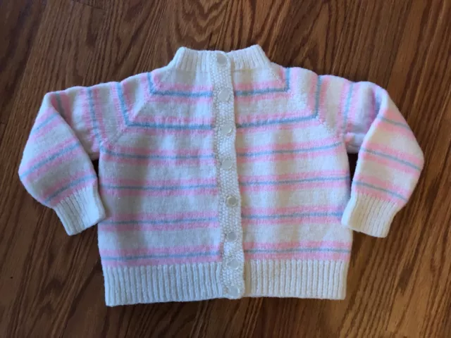Vintage Handmade Baby girls Sweater White Pink Blue Strips see measurements