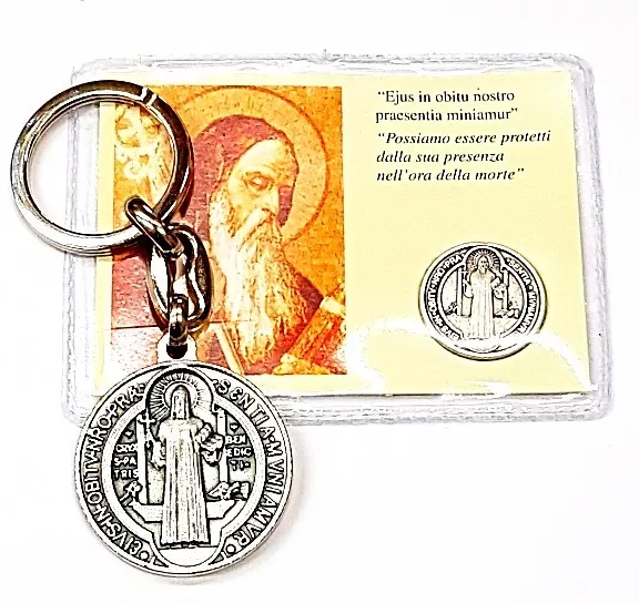 Lot St Benedict/San Benito Holy Card & Silver Tone Key Chain Medal-MADE IN ITALY