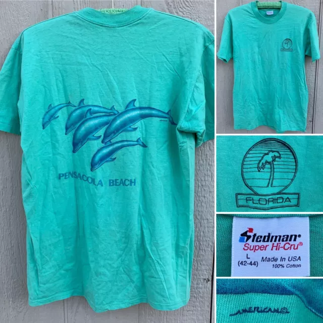 vintage Pensacola Beach Florida dolphin graphics t-shirt Stedman Super Hi-Cru L