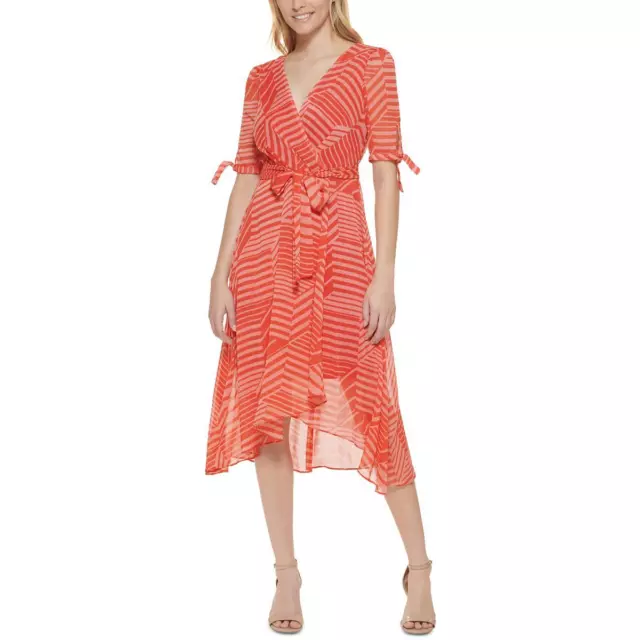 Tommy Hilfiger Womens Red Chiffon Striped Faux-Wrap Midi Dress 10 BHFO 2697