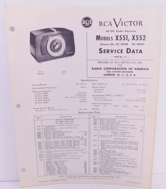 Photo Fact Data 1950 RCA Model X551 X552 AM Broadcast Table Radio.