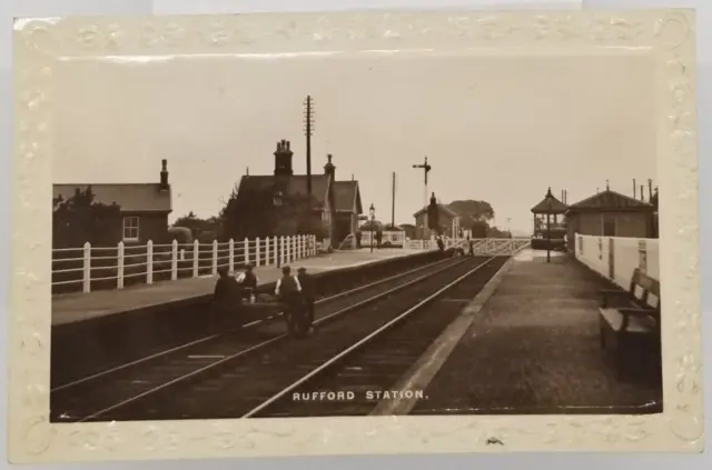 Real Photo Rufford Railroad Station Lancashire England Men on Tracks Postcard