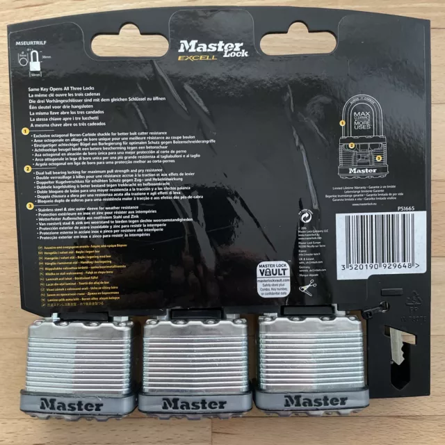 Master Lock Excell Padlock 3 Pack All Same Key Laminated Very High Security 50mm 2