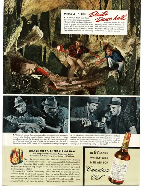 1941 Canadian Club Whiskey Cave Devils Dance Hall spelunking Vintage Print Ad