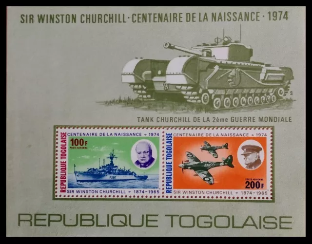 115.TOGO 1974 Briefmarke M/S Herr Winston Churchill, Kriegsschiffe, Tank, Jäger