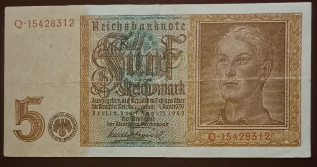 Reichsbanknote zu 5,- Reichsmark 01.08.1942 sehr gut erhalten.