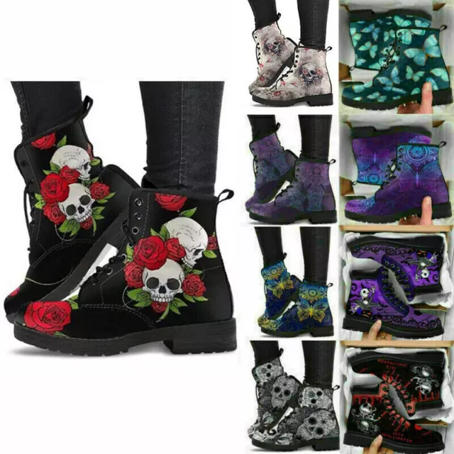 Ladies/Womens Ankle Lace Up Zip Flower Rose Punk Goth Retro Combat Boots Shoe