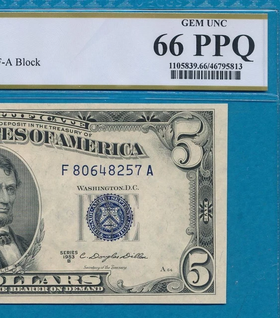 $5.00 1953-B  Blue Seal Silver Certificate Pcgs Gem New 66Ppq