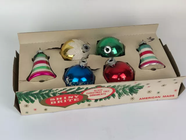 Vintage Set of Shiny Brite Christmas Glass Ornament Balls Bells