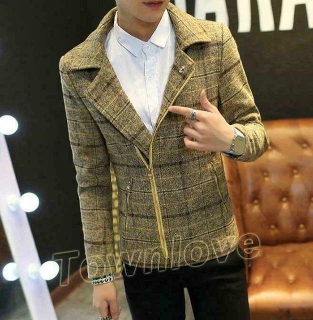 Mens Lapel Wool Blend Slim Fit Jackets British Vintage Trench Coat Thicken Tops