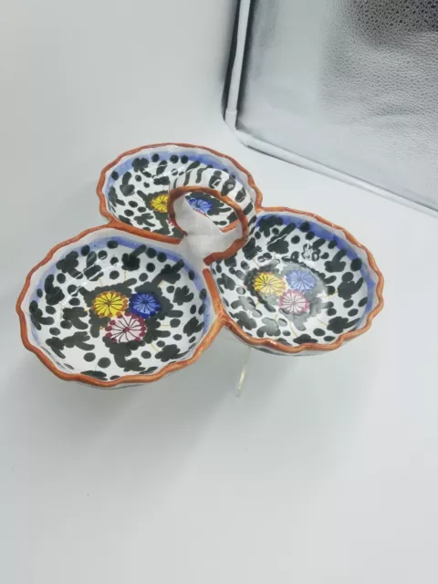 Vtg Italian Majolica Pottery 3 Section Handle Condiment/Relish Dish