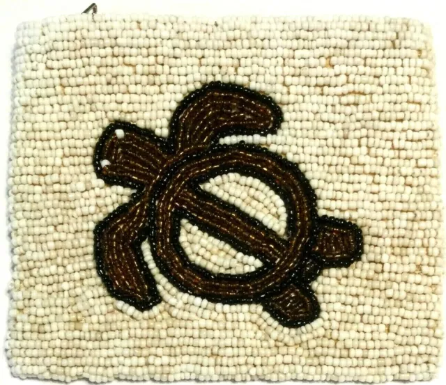 NEW BEADED TURTLE CHANGE PURSE Ivory Brown & Black Zipper Top Save the Turtles
