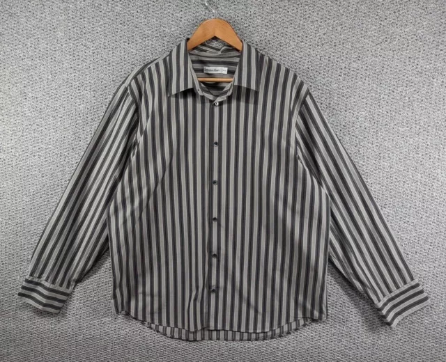 CALVIN KLEIN Men's Grey Black Striped Cotton Formal Casual Button Shirt Size XL