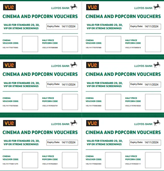 Up to 6 - VUE Cinema & 1/2 Price Popcorn (any size) - 2D 3D VIP & XTREME - Nov14 2
