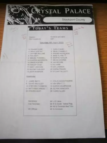 08/04/2000 Teamsheet: Crystal Palace v Stockport County (Folded, Writing On Fron