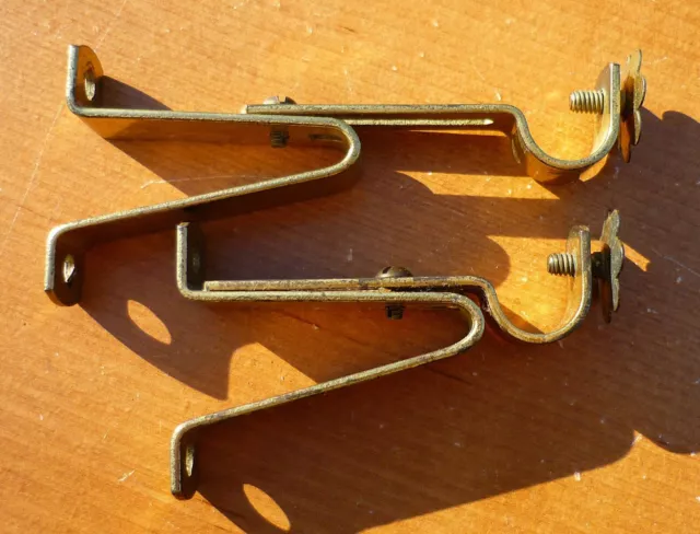 (2) Vintage Brass Finish Adjustable 1/2" Curtain Rod Bracket Holder Drapery Rod