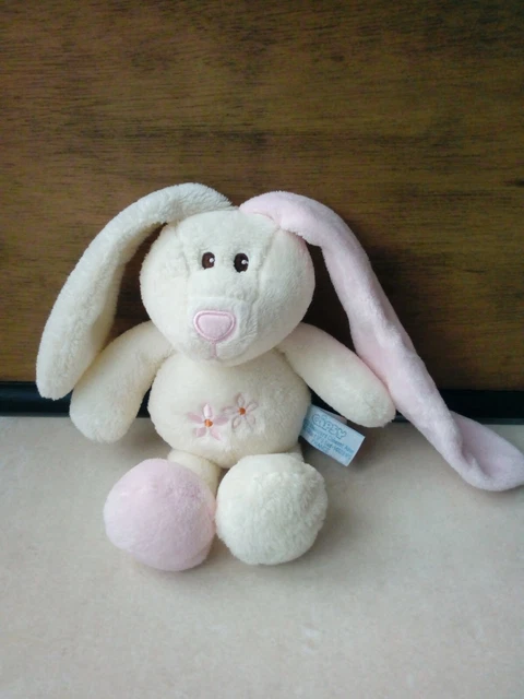 Doudou peluche grelot lapin blanc fleur rose Gipsy