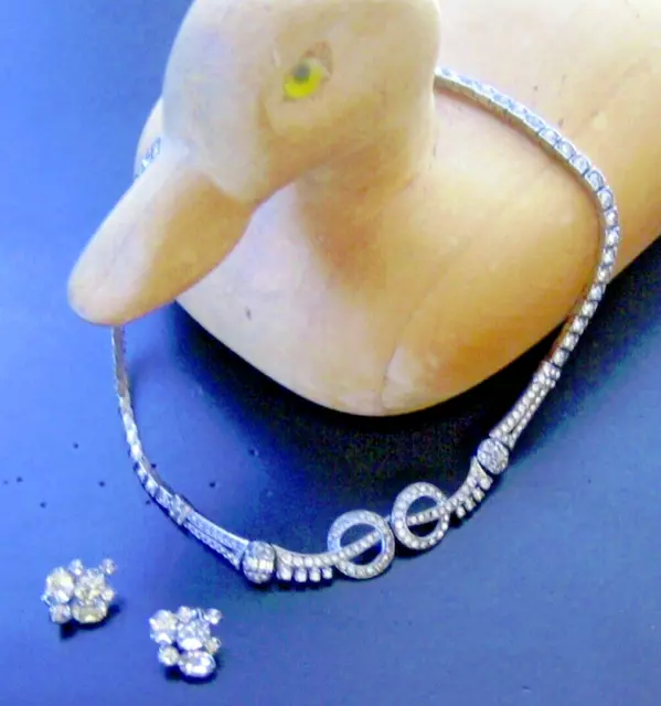 FABULOUS OTIS 15" RHINESTONE & SILVER NECKLACE: 40's ART DECO CHOKER + EARRINGS