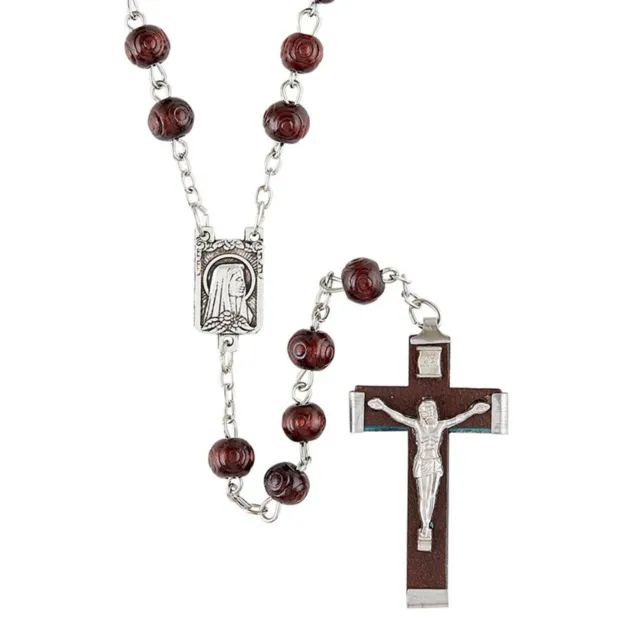 Our Lady of Lourdes Rosary Carved Brown Wood Beads Metal Wrapped Wood Crucifix