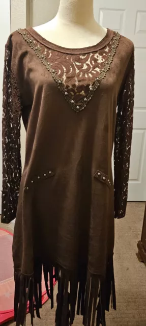 Pretty Angel Western Dress Brown Lacy Sleeves and Trim Size L Midi Length