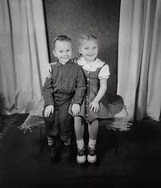 Vintage Old 1940s Photo Negative of Sweet Siblings Little Boy & Girl in Studio