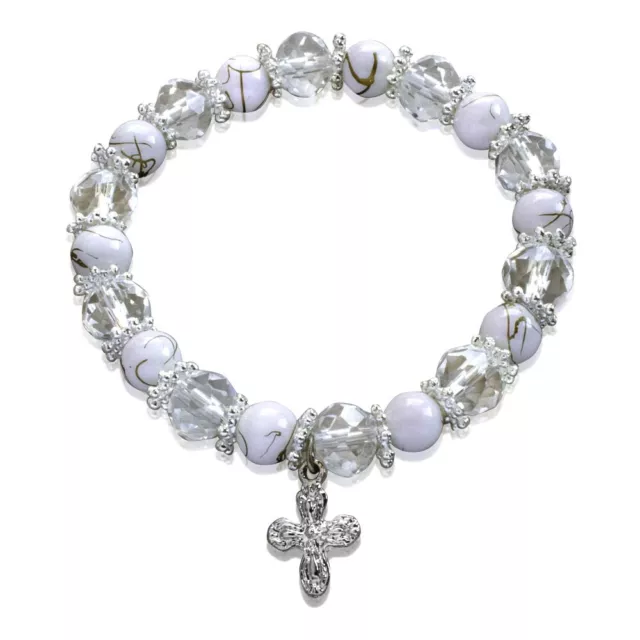 Rosary Bracelet with White Glass and Clear Faceted Beads with Cross Charm