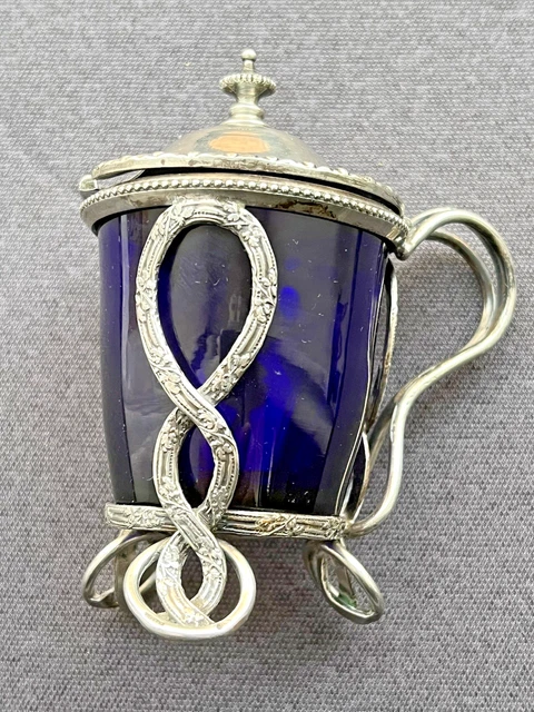 Paire de salerons en métal argenté & verre bleu - Le palais des bricoles