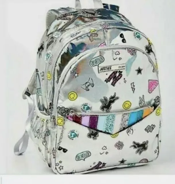 Justice Girls Backpack Bookbag Holo Sticker Silver Detachable Wristlet NWT