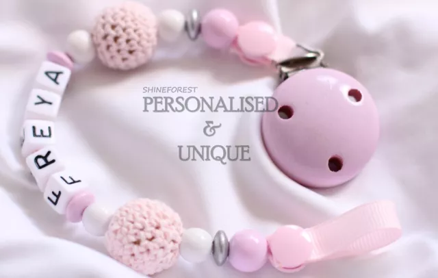 Pink Crochet Dummy Clip Personalised Dummy Chain Pacifier Clip for Baby Girl