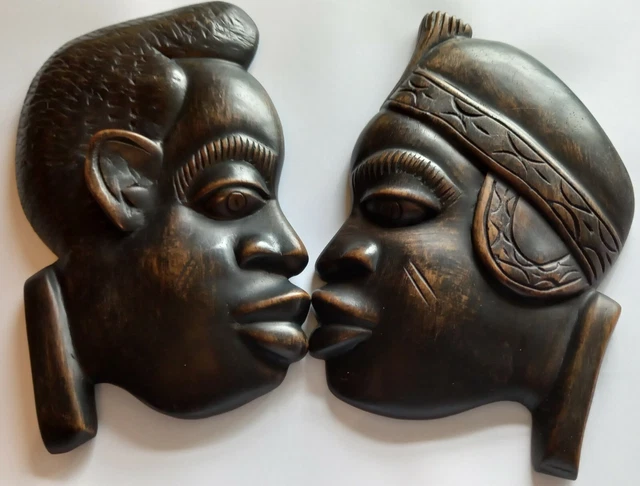 Genuine 1920's Pair of African Ebony Carved Face Wall Plaques