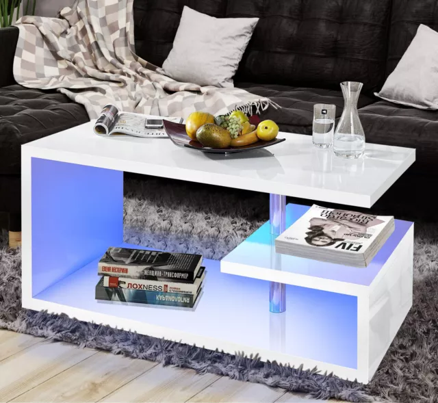 LED Coffee Table With Storage Wooden High Gloss Living Room Furniture Sofa Table