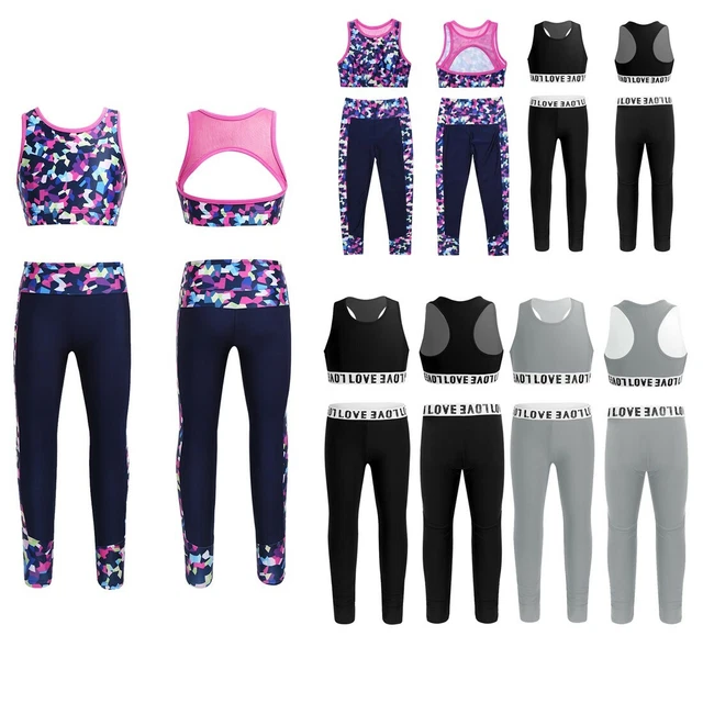 Kids Girls Dance Sport Wear Outfit Athletic Gymnastics Crop Top + Leggings 2PCS