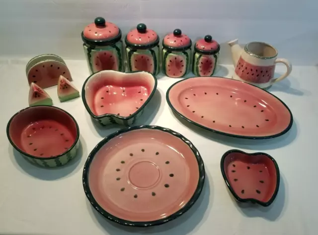 17 Piece Hand Painted Watermelon Serving Dish Set Salt Pepper Pitcher Platters